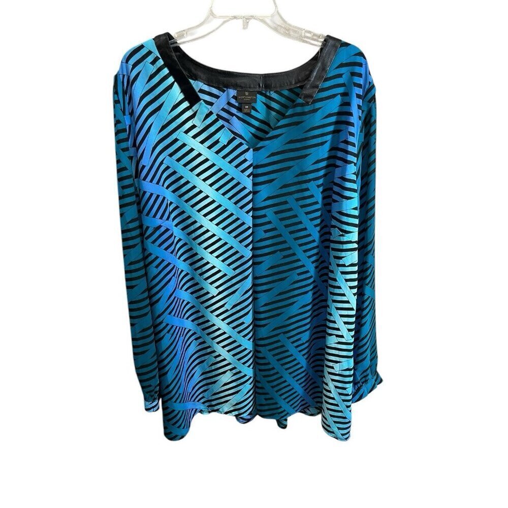 Worthington Women's 3X Pullover Blouse Blue/Black Design 3/4 Sleeves
